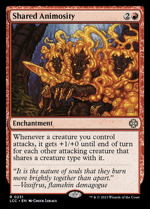 Shared Animosity, a three-mana red enchantment that gives each attacker +1/+0 for every other attacker sharing a creature type.