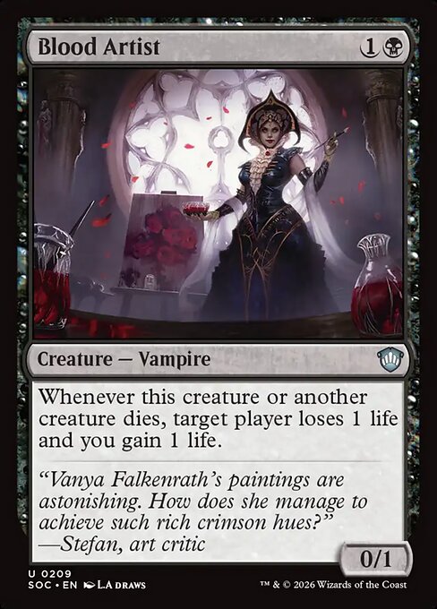 Blood Artist, the two-mana payoff that drains an opponent and gains you life every time any creature dies — the keystone of the aristocrats archetype.