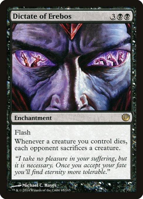 Dictate of Erebos, a five-mana enchantment with flash that forces every opponent to sacrifice a creature each time one of yours dies.