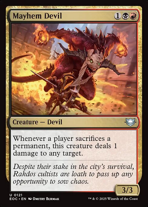 Mayhem Devil, a three-mana payoff that deals 1 damage to any target whenever a permanent is sacrificed, a standout in red-black aristocrats.