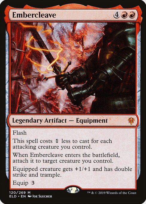 Embercleave, the {4}{R}{R} flash Equipment that costs {1} less per attacking creature and grants +1/+1, double strike and trample.