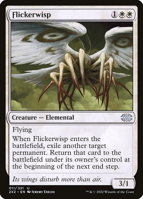Flickerwisp, a three-mana white Elemental with flash and flying that exiles a target permanent and returns it at the next end step.
