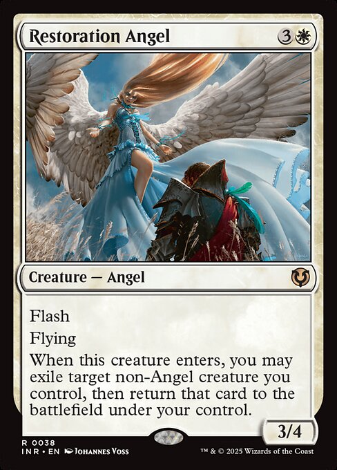 Restoration Angel, a four-mana white Angel with flash and flying that blinks a non-Angel creature when it enters the battlefield.