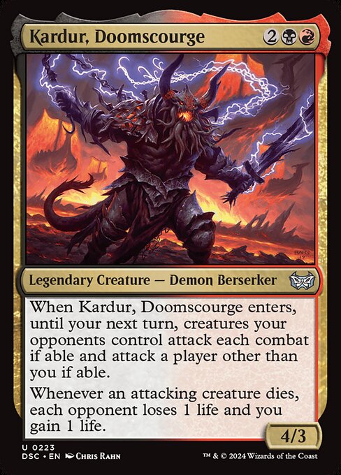 Kardur, Doomscourge, a three-mana Rakdos Demon that mass-goads every opponent's board when it enters and drains the table every time an attacking creature dies.