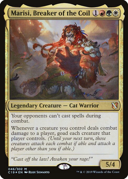 Marisi, Breaker of the Coil, a four-mana Naya Cat Warrior that goads a player's whole board on combat damage and stops opponents from casting spells during combat.