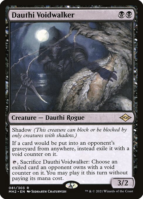 Dauthi Voidwalker, a two-mana black 3/2 with shadow that exiles cards headed to opponents’ graveyards with void counters and can sacrifice itself to cast one for free.