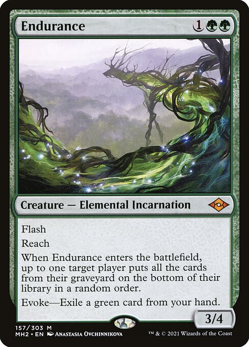 Endurance, a three-mana green 3/4 with flash and reach that bottoms a player’s graveyard and can be evoked for free by exiling a green card.