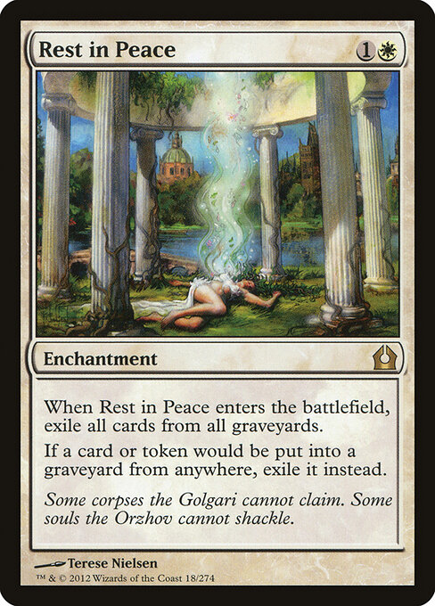 Rest in Peace, the two-mana white enchantment that exiles all graveyards on entry and exiles every card that would hit a graveyard afterward — the hardest continuous graveyard hate in Commander.