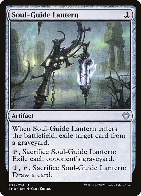 Soul-Guide Lantern, a one-mana artifact that exiles a single graveyard card on entry, sacrifices to exile every opponent graveyard, or cashes in for a card draw.