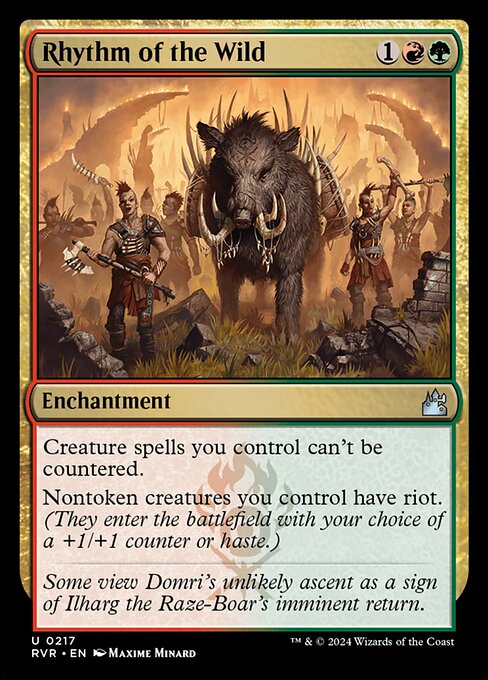 Rhythm of the Wild, a three-mana Gruul enchantment granting riot and making your creature spells uncounterable.