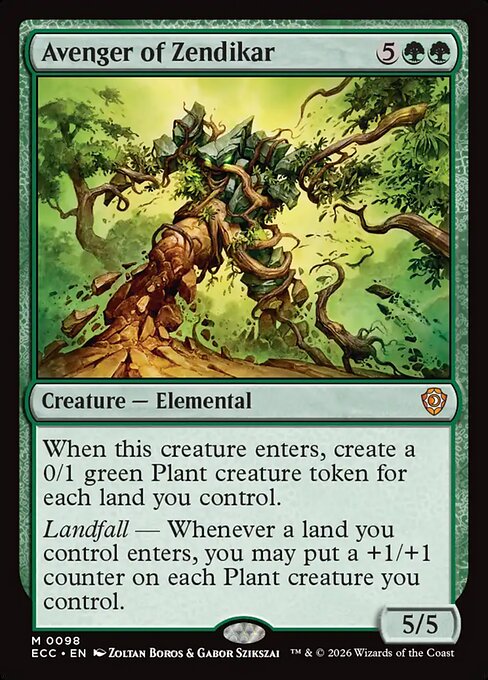 Avenger of Zendikar, the seven-mana Elemental that makes a Plant token for each land you control and grows the whole army on every land drop — the best landfall payoff in Commander.