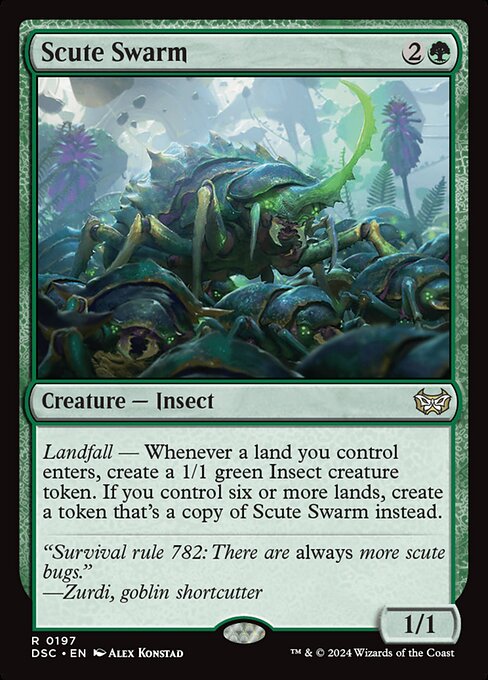Scute Swarm, a three-mana green Insect that copies itself on every land drop once you control six lands, growing exponentially.