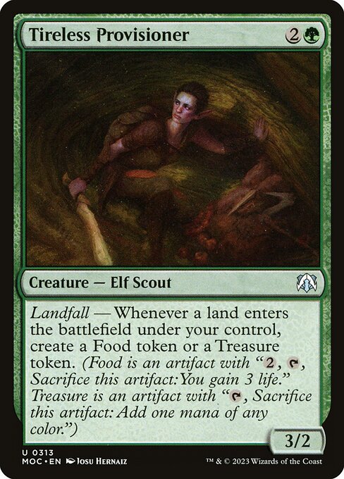 Tireless Provisioner, a three-mana Elf Scout that creates a Food or Treasure token on every landfall trigger.