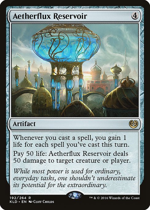 Aetherflux Reservoir, the colorless artifact that gains life as you chain spells and lets you pay 50 life to deal 50 damage to any target.