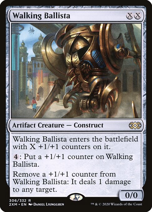 Walking Ballista, an {X}{X} artifact creature that enters with X counters and removes them to deal damage — the premier colorless mana sink and infinite-mana win condition.