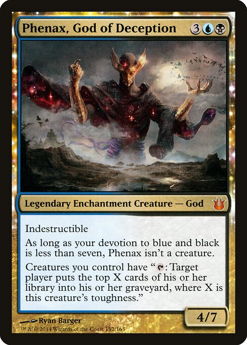 Phenax, God of Deception, a five-mana Dimir God that lets your creatures tap to mill a player cards equal to their toughness.