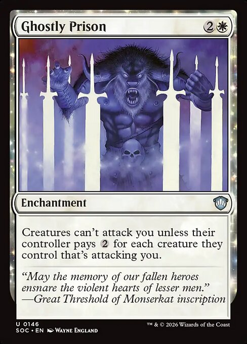 Ghostly Prison, the three-mana white enchantment that taxes opponents two mana per attacking creature — the defining pillowfort card in Commander.