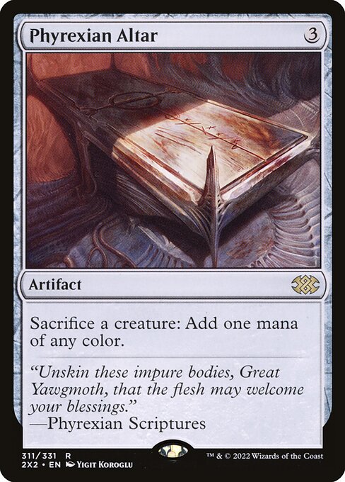 Phyrexian Altar, the three-mana artifact that sacrifices a creature for one mana of any color — the colored-mana engine behind Gravecrawler combo loops.