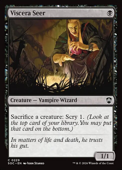 Viscera Seer, the one-mana Vampire Wizard that sacrifices any creature to scry 1 — the cheapest and most flexible free sacrifice outlet in the format.