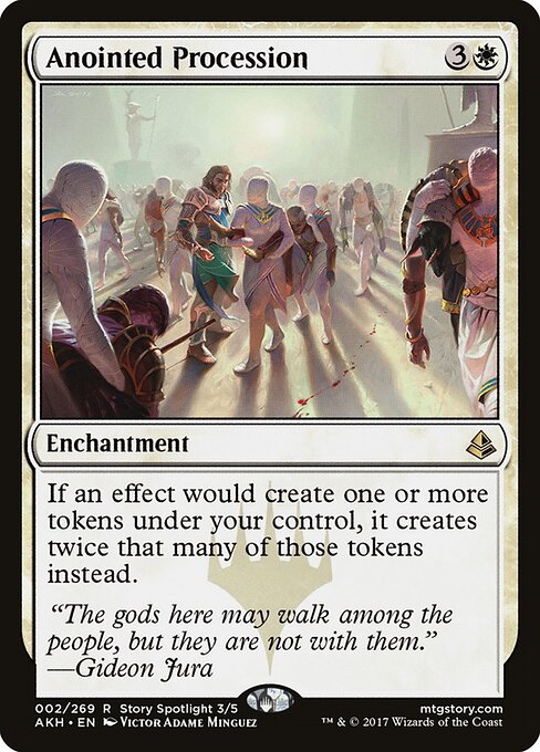 Anointed Procession, a four-mana white enchantment that doubles the tokens you create — the white half of the Doubling Season effect.