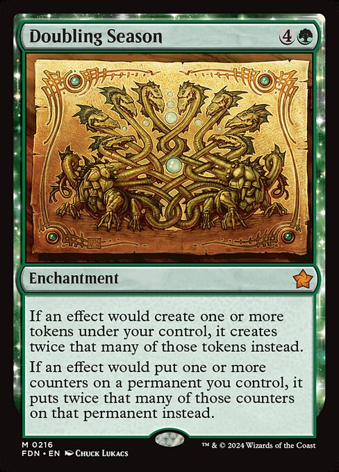 Doubling Season, the five-mana green enchantment that doubles both the tokens you create and the counters you place — the best token doubler in Commander.