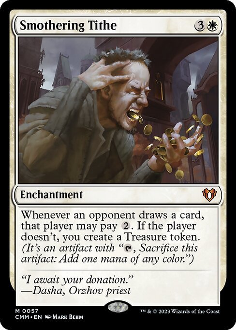 Smothering Tithe, the four-mana white enchantment that mints a Treasure every time an opponent draws unless they pay {2} — the best Treasure engine in Commander.