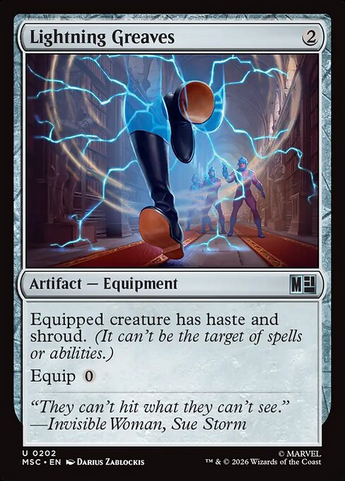 Lightning Greaves, the two-mana equipment with a zero equip cost that grants haste and shroud.