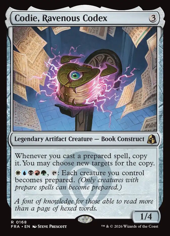 Codie, Ravenous Codex, the three-mana rare artifact creature that copies prepared spells and can make your whole board prepared at once, with a five-color activated-ability cost.