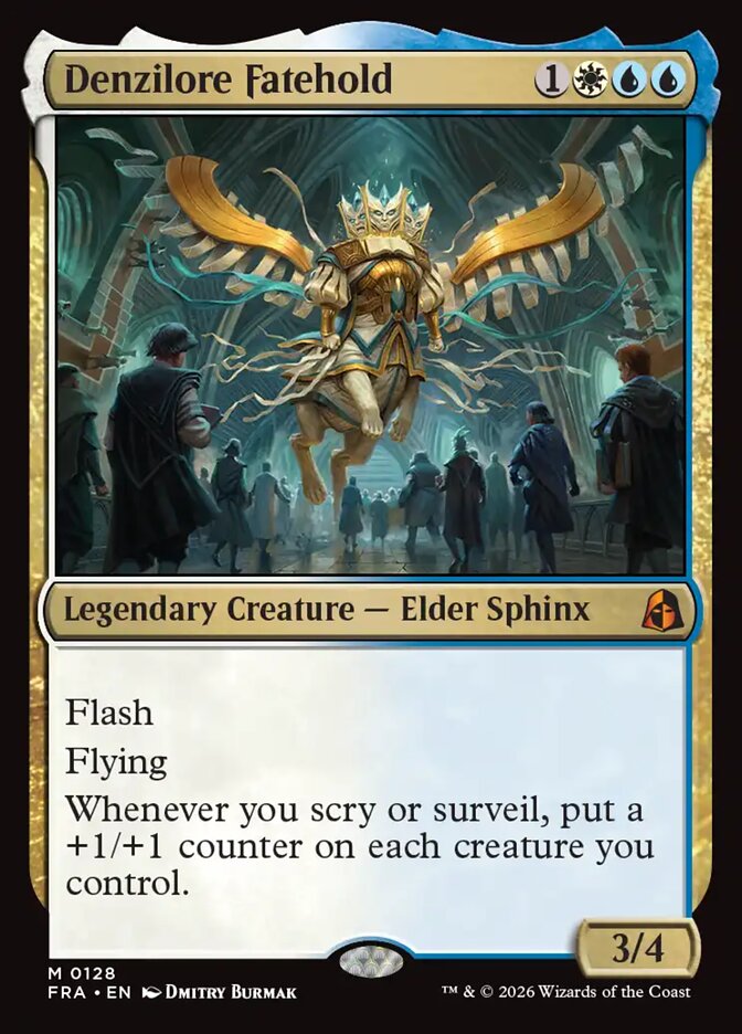 Denzilore Fatehold, the white-blue mythic Elder Sphinx dean of the Fatehold school, who puts a +1/+1 counter on each of your creatures whenever you scry or surveil.