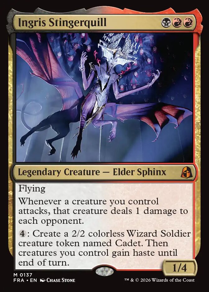 Ingris Stingerquill, the black-red mythic Elder Sphinx dean of the Stingerquill school, who pings each opponent for 1 whenever your creatures attack.