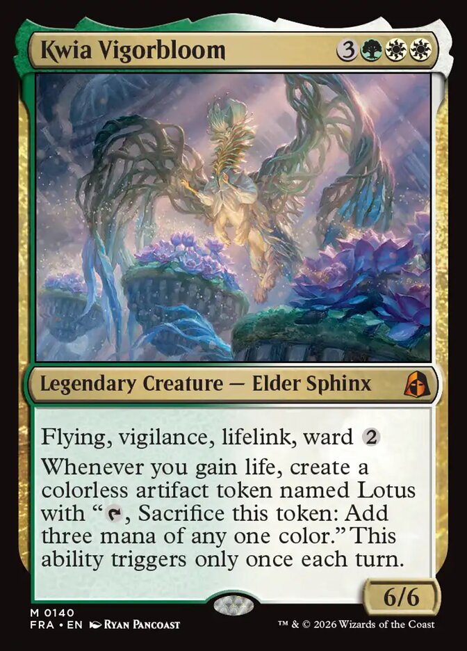 Kwia Vigorbloom, the green-white mythic Elder Sphinx dean of the Vigorbloom school, with flying, vigilance, lifelink and ward that creates a mana-producing Lotus token whenever you gain life.