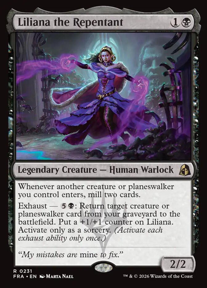 Liliana the Repentant, the one-mana black rare that mills two cards whenever another creature or planeswalker enters and can Exhaust for a graveyard reanimation.