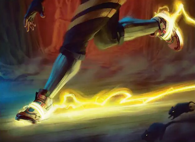 Lightning Greaves, the colorless equipment with zero-cost equip that grants the equipped creature haste and shroud.