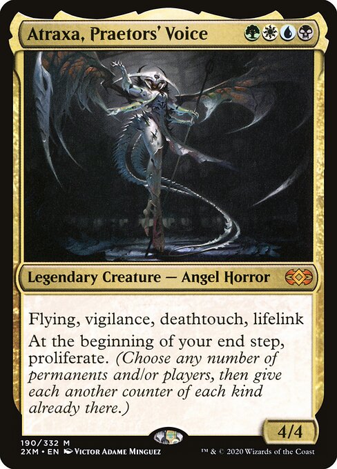 Atraxa, Praetors' Voice, the four-color Phyrexian Angel from Commander 2016 — the most famous face card in the history of preconstructed Commander decks.