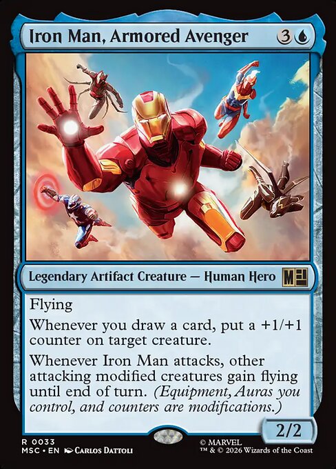Iron Man, Armored Avenger, a four-mana blue Legendary Artifact Creature from Marvel Super Heroes Commander that puts a +1/+1 counter on a creature whenever you draw a card.