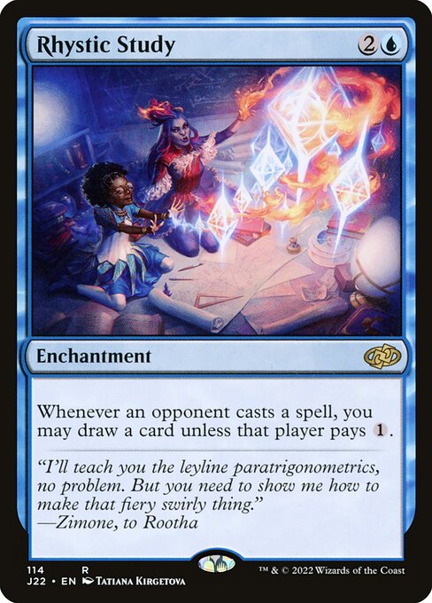 Rhystic Study, the blue enchantment that asks every opponent, on every spell, whether they will pay one more mana — the most argued-about card at any casual Commander table.