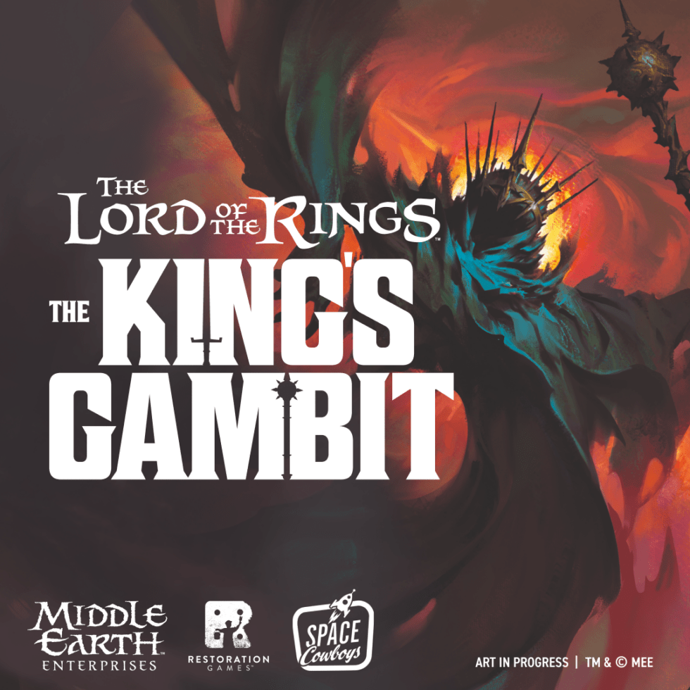 Promotional key art for The Lord of the Rings: The King's Gambit showing the Witch-king of Angmar wreathed in orange fire and shadow, with Middle-earth Enterprises, Restoration Games and Space Cowboys logos and an "art in progress" marker.