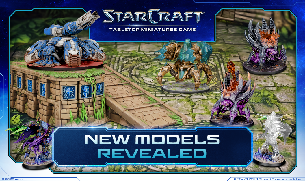 Promotional image for StarCraft: Tabletop Miniatures Game wave two, headed "New Models Revealed", showing a blue Terran Siege Tank on a ruined wall, a gold and teal Protoss Immortal walker, two purple Zerg Ravagers and a translucent white Zeratul model on a Protoss stone battlefield.