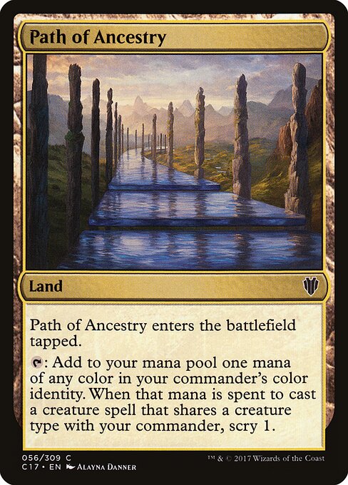 Path of Ancestry from Commander 2017, a land that taps for any color in your commander identity and scrys 1 whenever that mana casts a creature sharing a type with your commander.