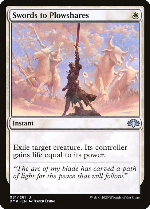 Swords to Plowshares from Dominaria Remastered, the one-mana white instant that exiles a creature — the single cleanest removal upgrade available to any precon.