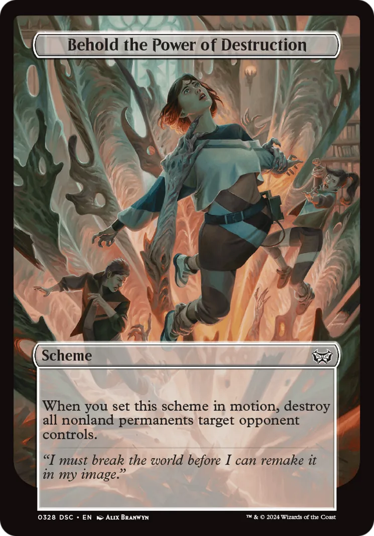 Behold the Power of Destruction, a scheme card from the Duskmourn: House of Horror Commander decks: a young woman in a gray sweater and dark trousers is flung upward through a room of orange fire and pale, frond-like tendrils, with two more figures tumbling behind her. Its text destroys all nonland permanents a target opponent controls when the scheme is set in motion.