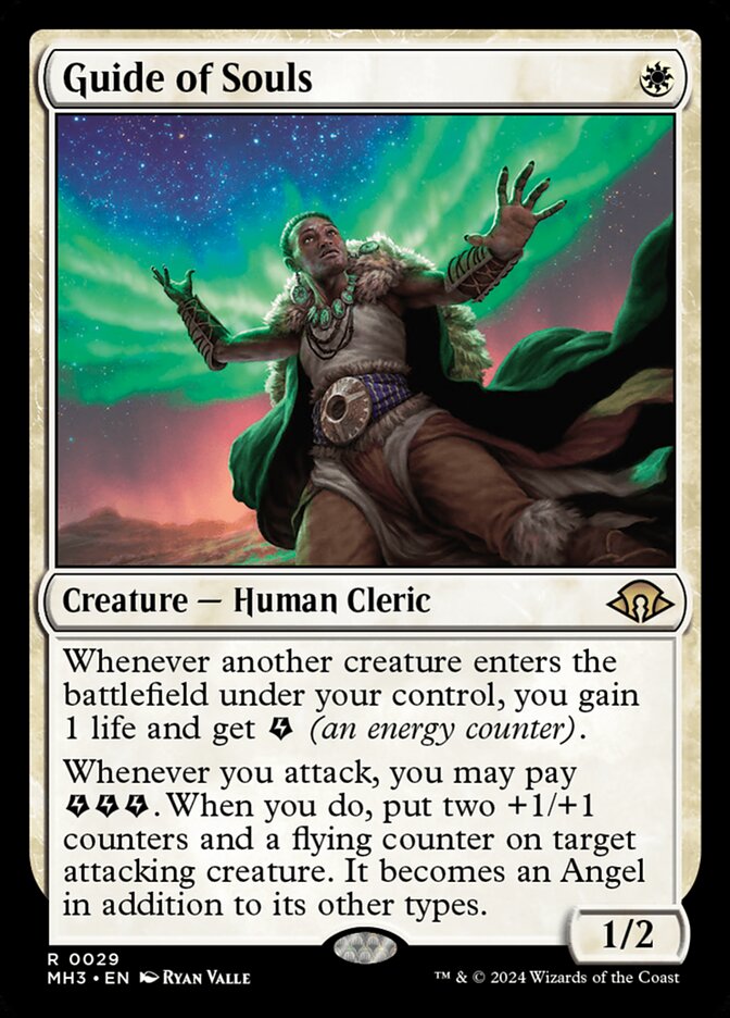 Guide of Souls in its Modern Horizons 3 printing, one of two Boros Energy pieces banned in Historic on September 22, 2026 when Arena's rebalanced versions are removed.