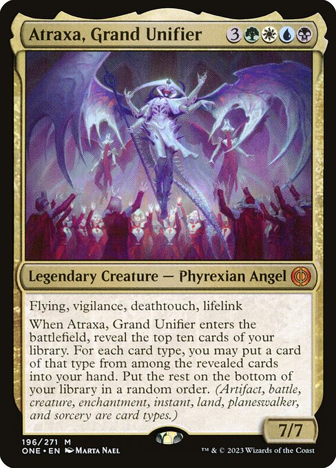 Atraxa, Grand Unifier, a seven-mana Phyrexian Angel and one of the most popular Historic Brawl commanders on MTG Arena.