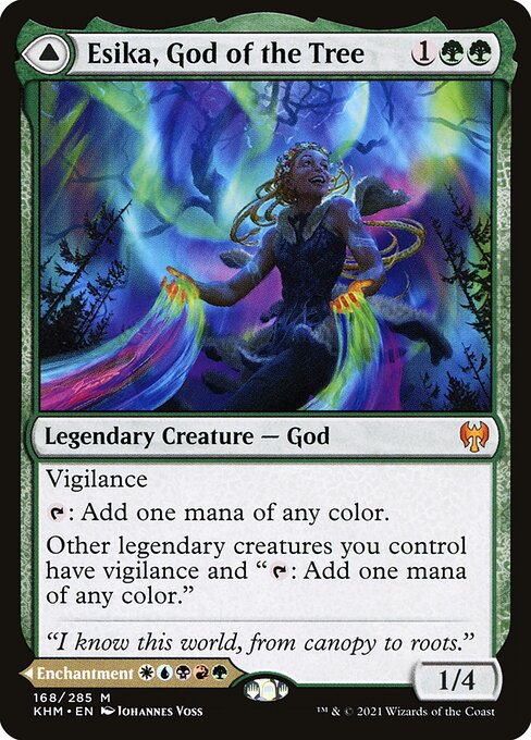 Esika, God of the Tree, a three-mana Snow legendary whose back face cheats permanents into play โ the kind of five-color enabler that lets a Brawl deck rainbow into every color.