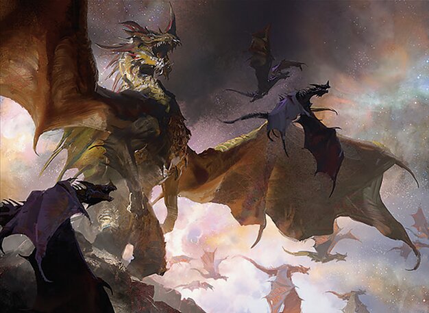 The Ur-Dragon, a five-color legendary dragon with eminence cost reduction, the go-to commander for a Dragons tribal deck.
