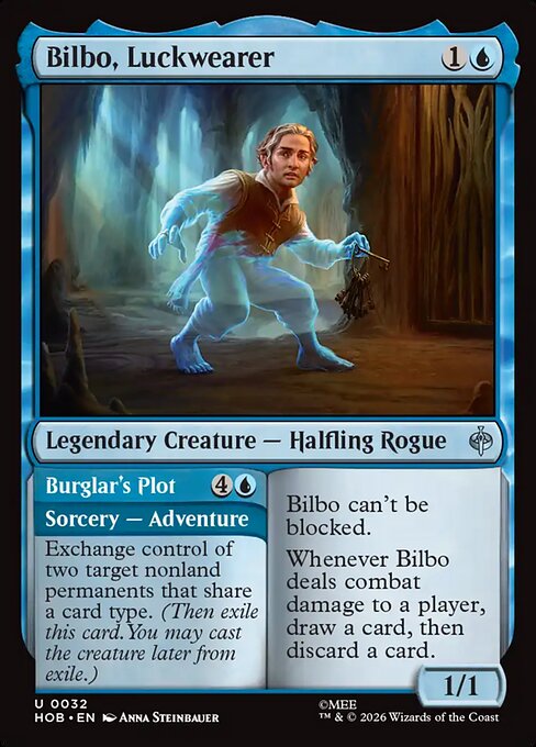 Bilbo, Luckwearer, an uncommon Adventure creature from The Hobbit set, shown invisible while wearing the Ring and clutching a ring of keys.