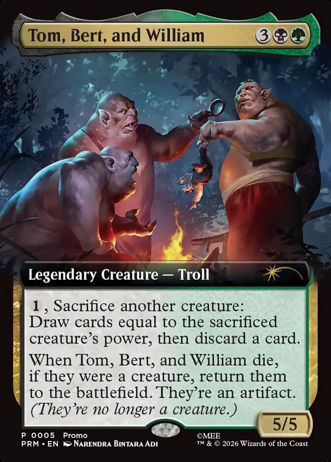 Tom, Bert, and William, the extended-art convention promo card given to Gen Con 2026 Pre Prerelease players, showing the three trolls from The Hobbit around a campfire.