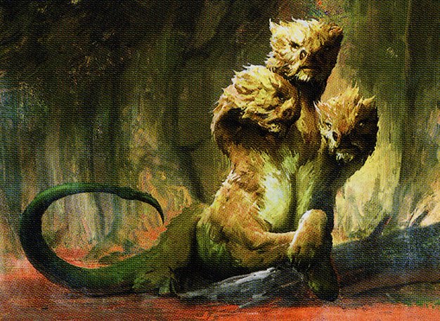 Questing Beast, which carries vigilance, deathtouch, and haste at once, can't be blocked by small creatures, and whose combat damage can't be prevented — a stack of keywords on one body.