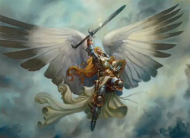 Serra Angel, a creature with flying and vigilance — two of Magic's most common keyword abilities on a single classic card.