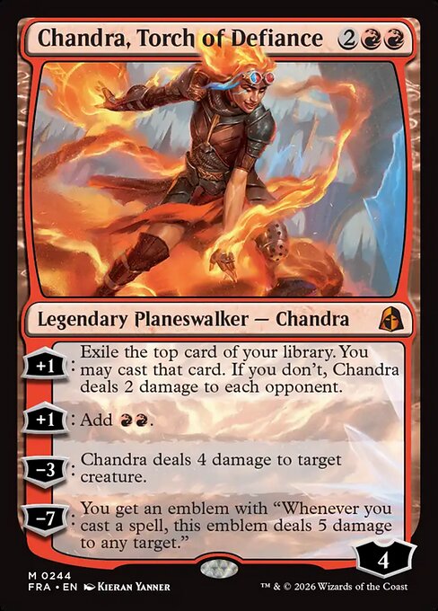 Chandra, Torch of Defiance, a four-mana red planeswalker that adds mana, draws cards, and deals direct damage, a versatile aggressive oathbreaker.